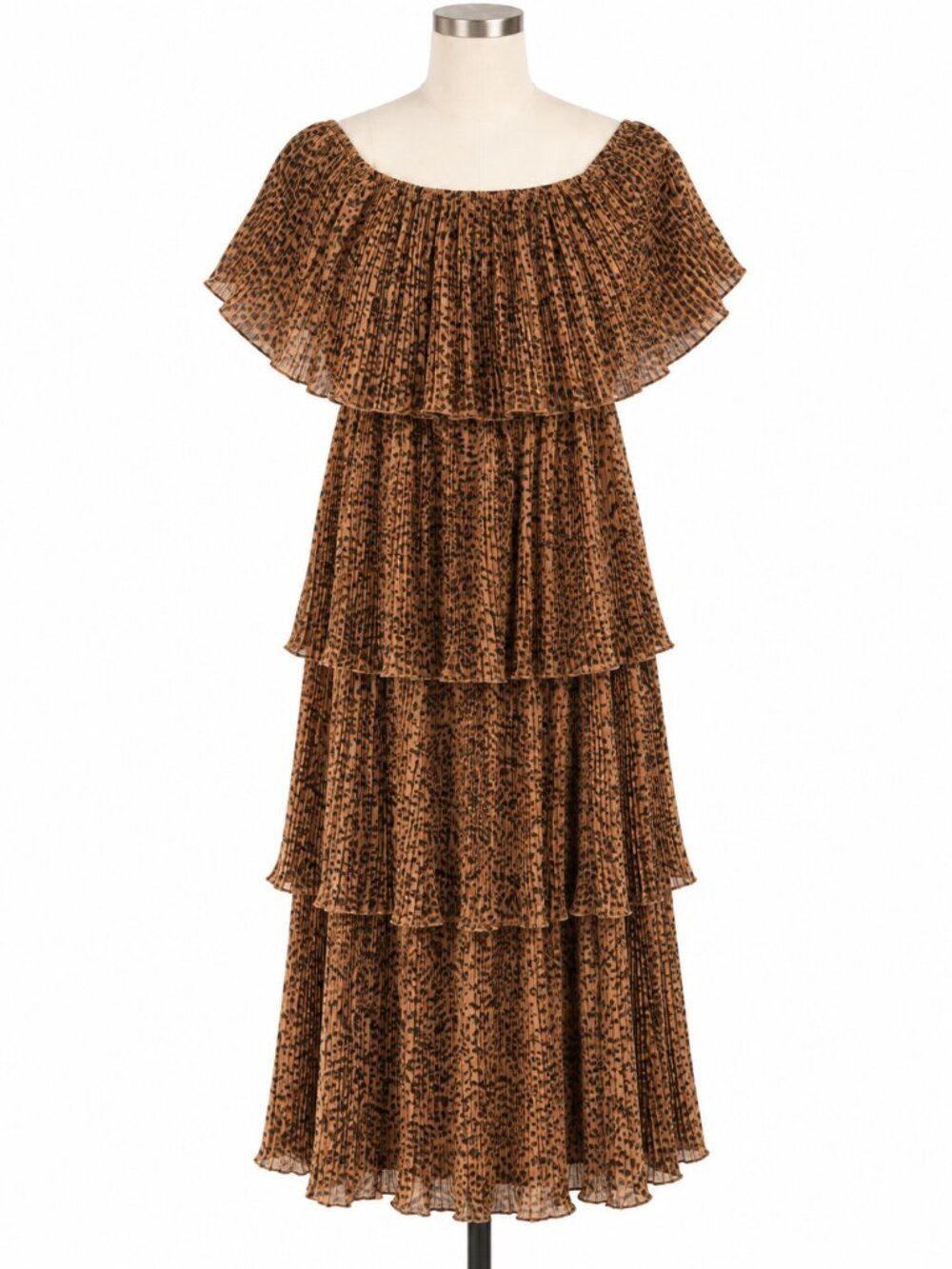 Entro Leopard Print Pleated Tiered Off Shoulder Midi Dress S
